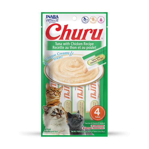 INABA Churu Tuna with Chicken Recipe Puree Cat Treat - 2.0 oz | (4) 0.5% Tubes